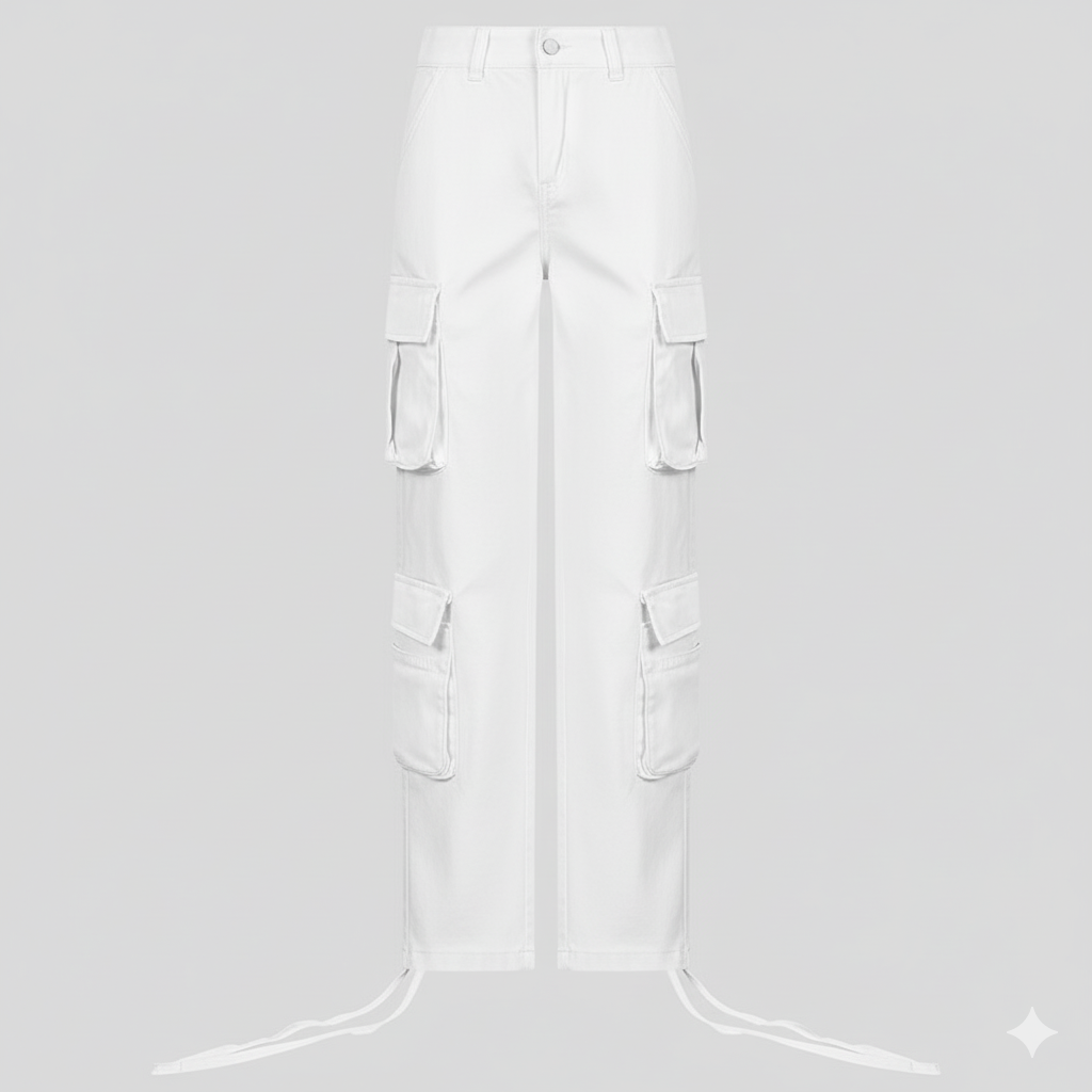 White cargo pants on a light gray background